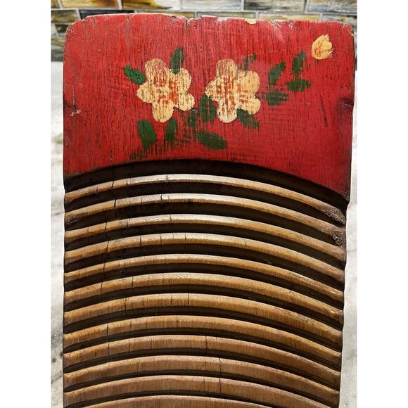 Antique Vintage Hand Painted Chinese Wooden Wash Board Scrub Board Red Floral - Picture 2 of 7